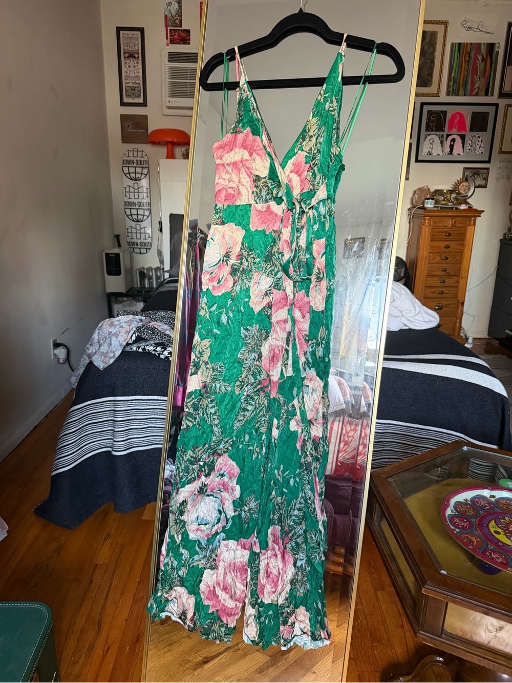 Free People Green Maxi Wrap Dress with Pink Floral Print